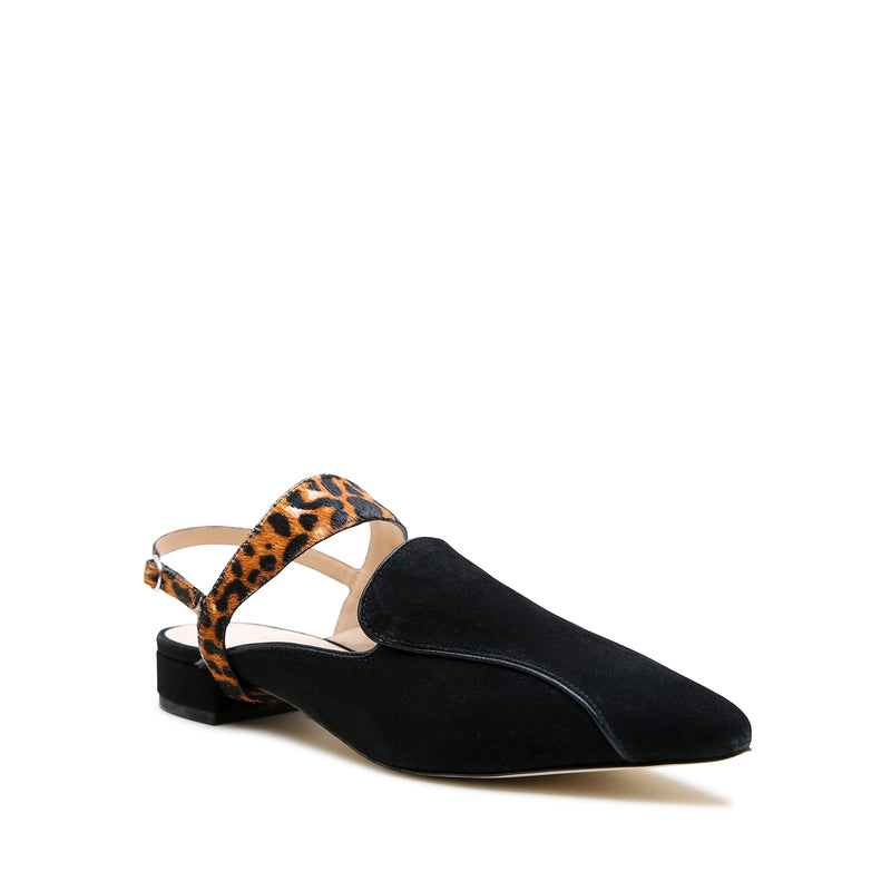 Alterre Black Suede Pointed Loafer + Jaguar Elsie Strap with padded insole and low heel for all day comfort, 3/4-inch heel, and an interchangeable design.