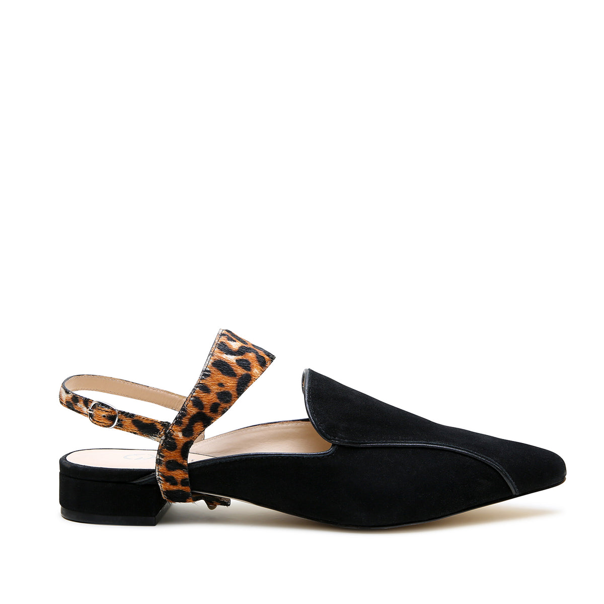 Black Suede Pointed Loafer + Jaguar Elsie Strap by Alterre, featuring kid suede, 3/4-inch heel, and versatile black suede slides.