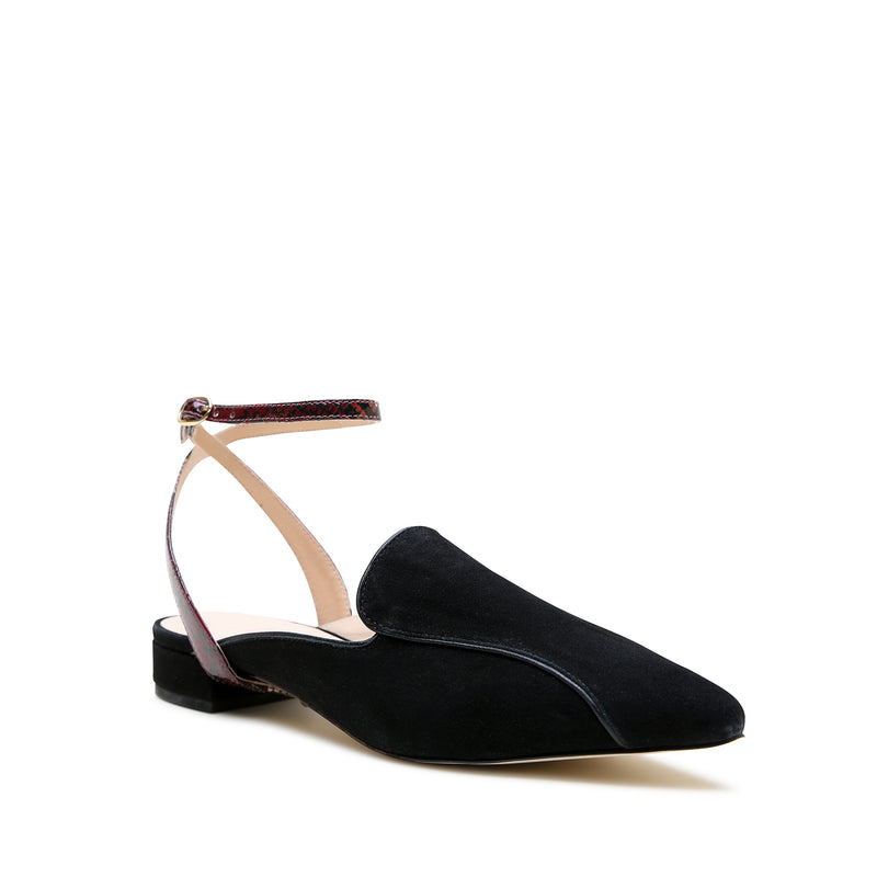 Alterre Black Suede Pointed Loafer + Burgundy Python Marilyn Strap with padded insole and low heel for all day comfort, 3/4-inch heel, and an interchangeable design.