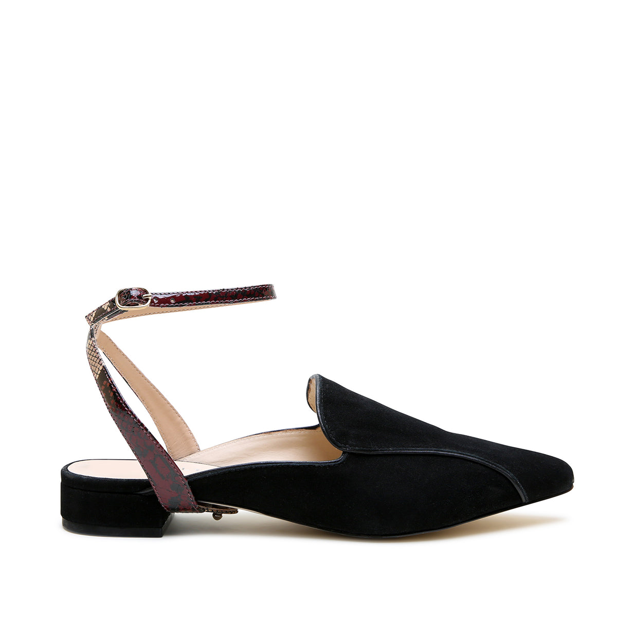 Black Suede Pointed Loafer + Burgundy Python Marilyn Strap by Alterre, featuring kid suede, 3/4-inch heel, and versatile black suede slides.