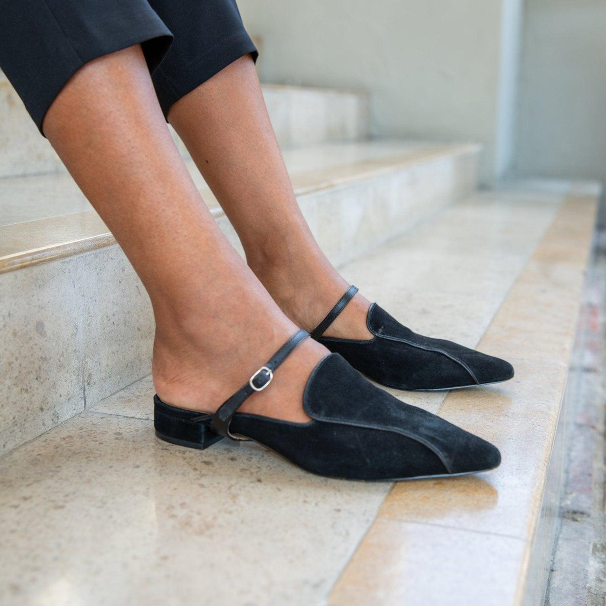 Black Suede Pointed Loafer + Black Twiggy Strap