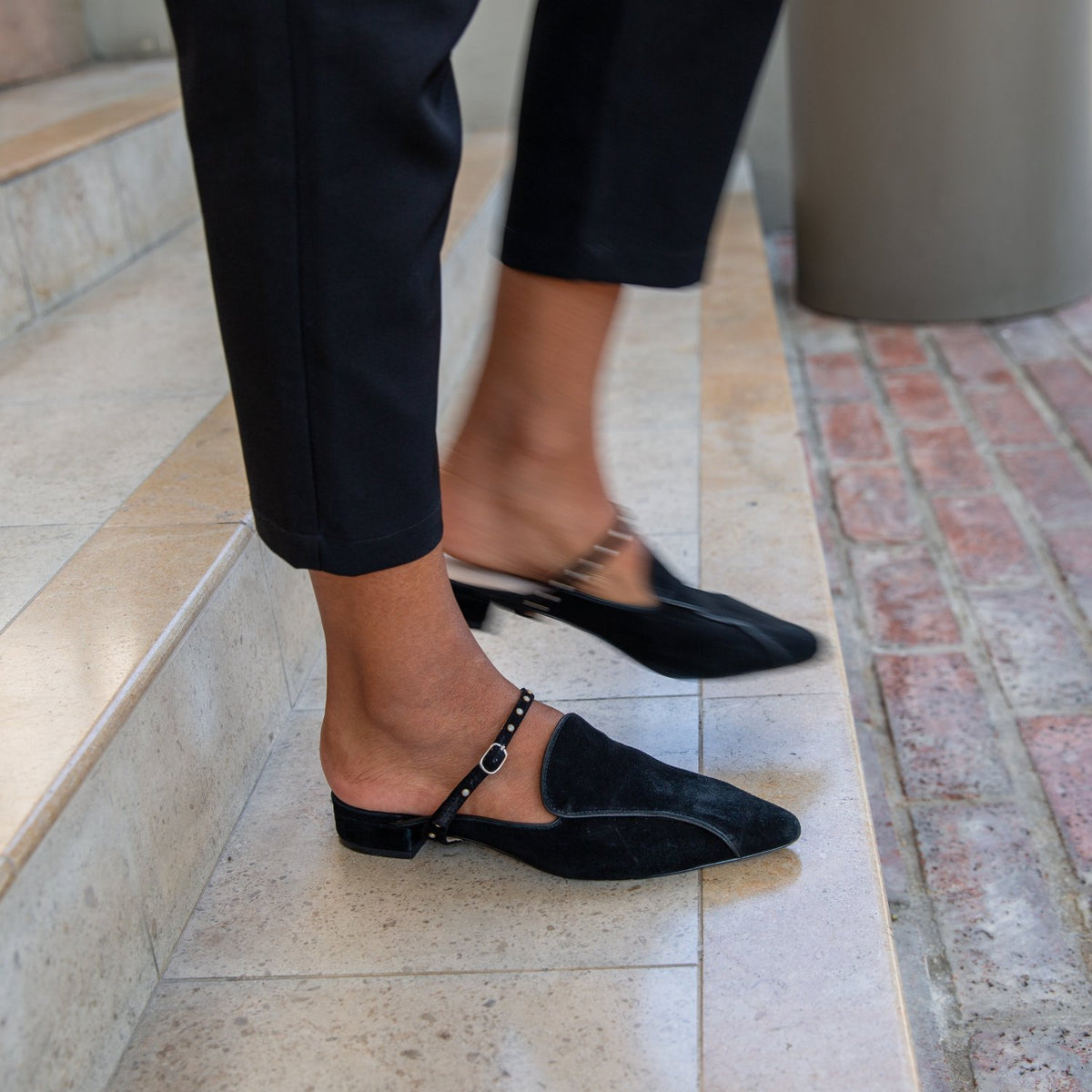 Black Suede Pointed Loafer + Studded Twiggy Strap