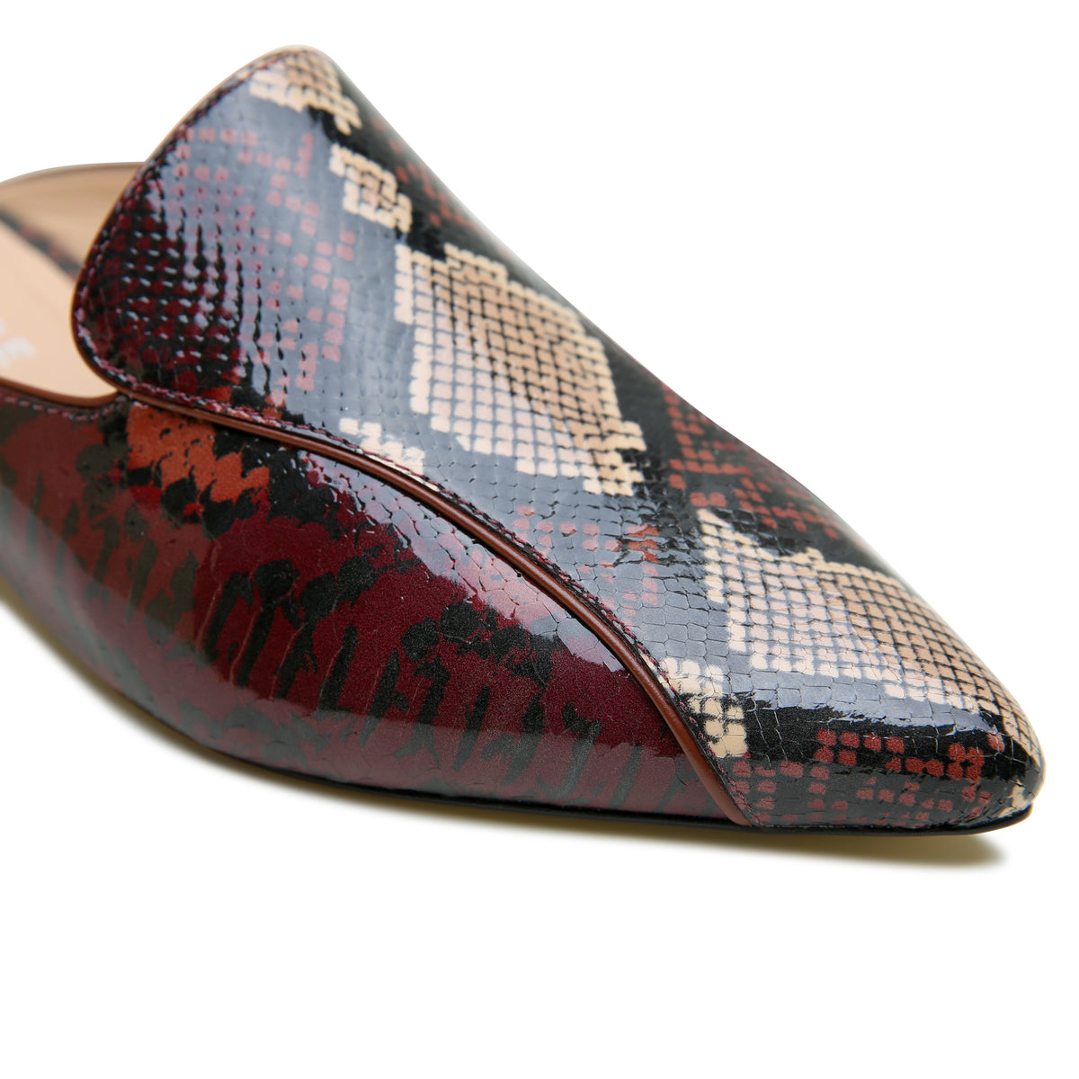 Burgundy Python Pointed Loafer by Alterre, featuring glossy burgundy python print with black, brown, and tan highlights, foam-padded insole, and eco-leather composite sole.