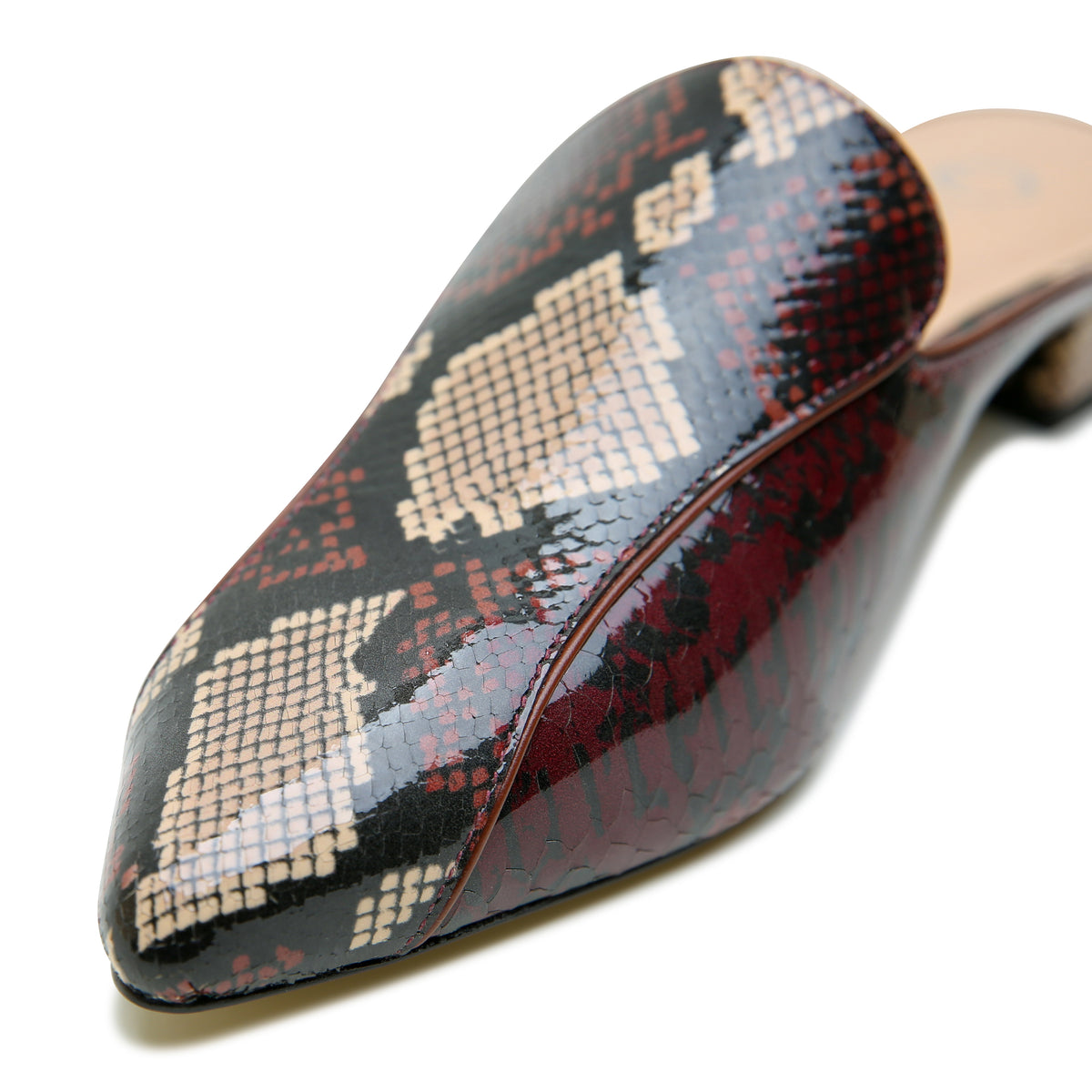 Alterre Burgundy Python Pointed Loafer with 3/4-inch recycled-plastic heel, calf leather lining, and leather that softens and molds with wear for versatile styling.