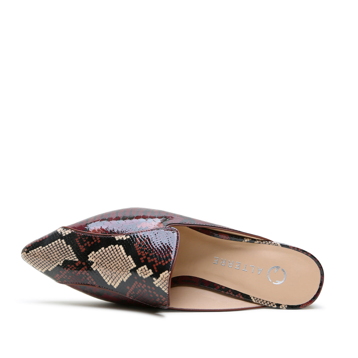 Burgundy Python Pointed Loafer by Alterre combines leather that softens and molds with wear, PU-coated printed calf leather upper, and extended point for a wider toe box.