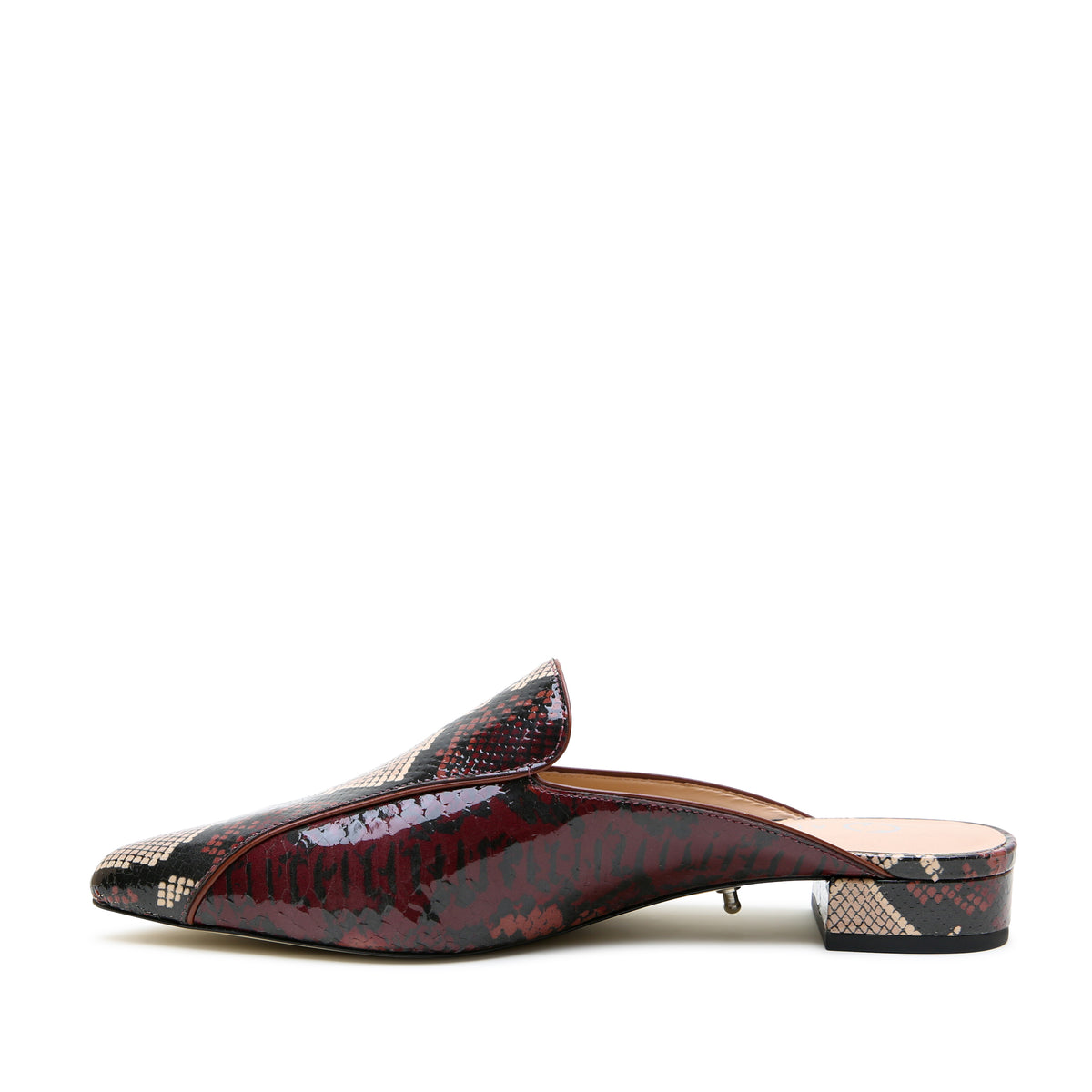 Alterre Burgundy Python Pointed Loafer featuring glossy burgundy python print with black, brown, and tan highlights, plus foam-padded insole and eco-leather composite sole.