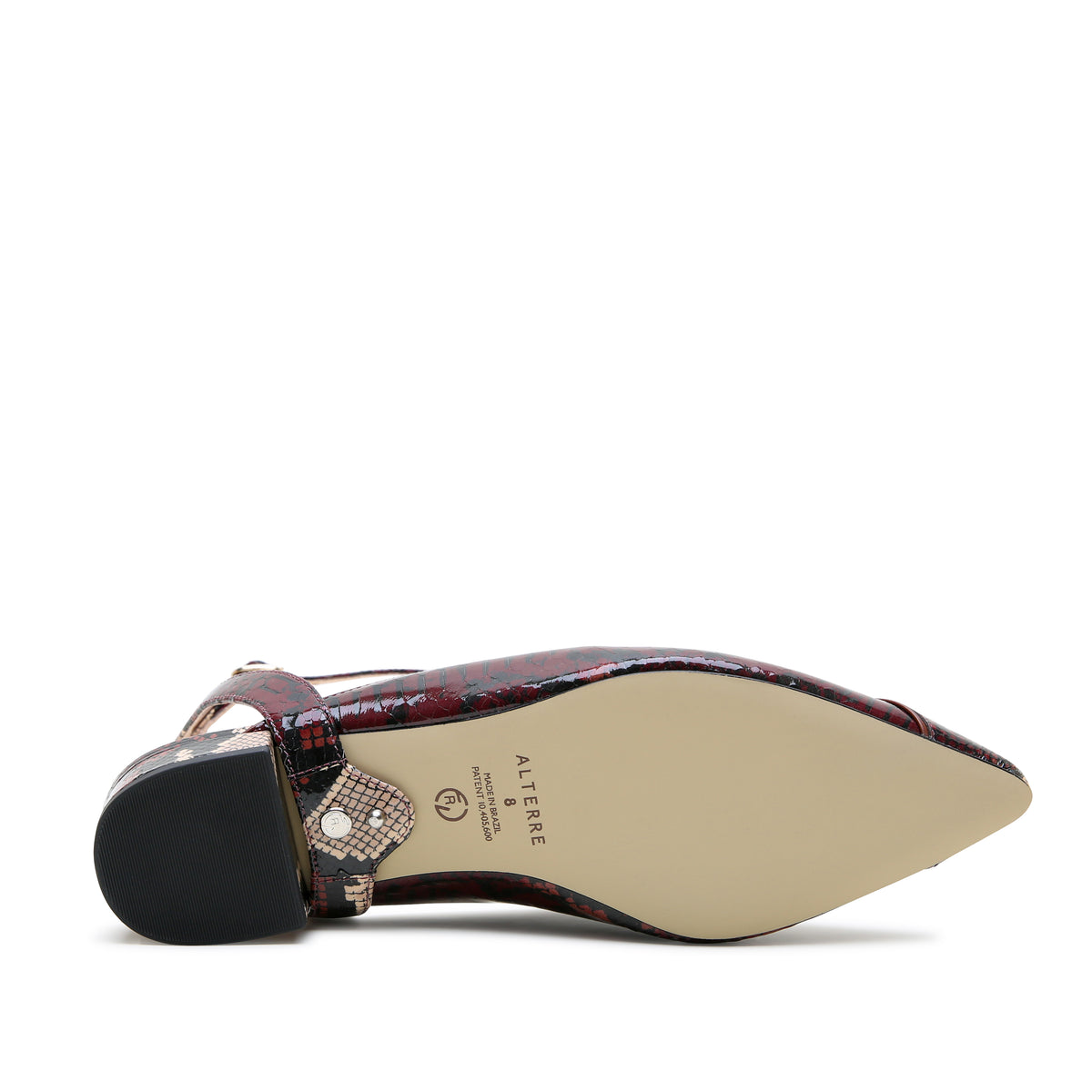 Burgundy Python Pointed Loafer + Marilyn Strap crafted with foam-padded insole, eco-leather composite sole, and glossy burgundy python print with black, brown, and tan highlights.