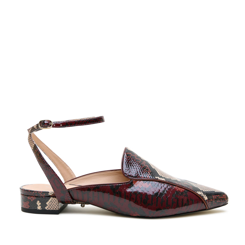 Burgundy Python Pointed Loafer + Marilyn Strap by Alterre, featuring PU-coated printed calf leather, 3/4-inch heel, and glossy burgundy python loafer slide with black, brown, and tan highlights.