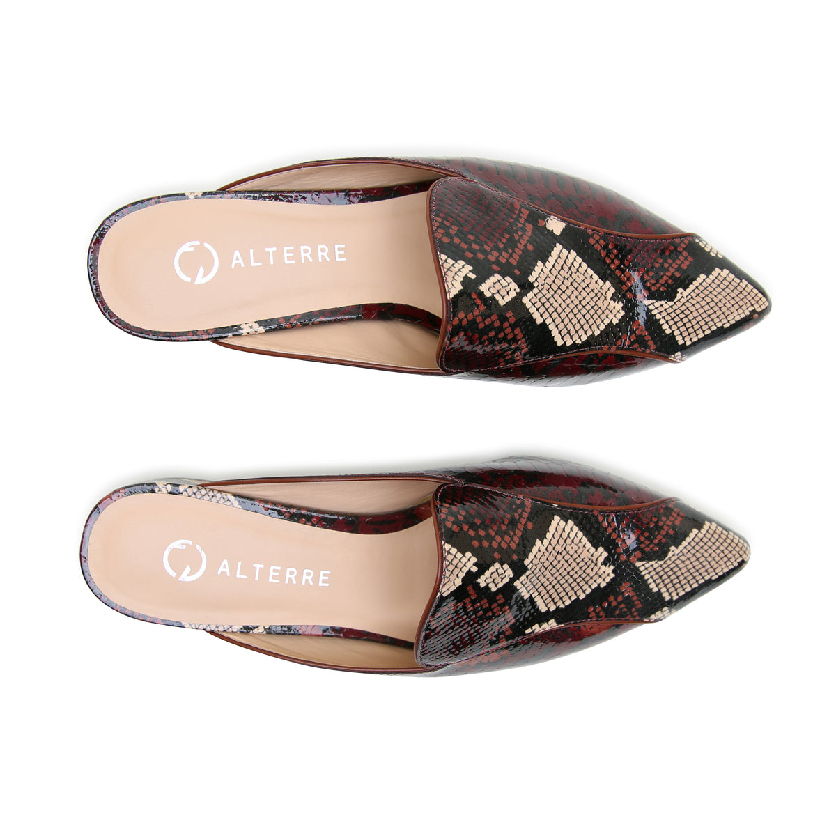 Alterre Burgundy Python Pointed Loafer, an interchangeable style featuring eco-leather composite sole, day-to-night and work styling, and 3/4-inch recycled-plastic heel.