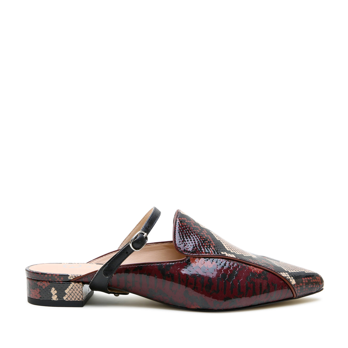 Burgundy Python Pointed Loafer + Black Twiggy Strap by Alterre, featuring PU-coated printed calf leather, 3/4-inch heel, and glossy burgundy python loafer slide with black, brown, and tan highlights.