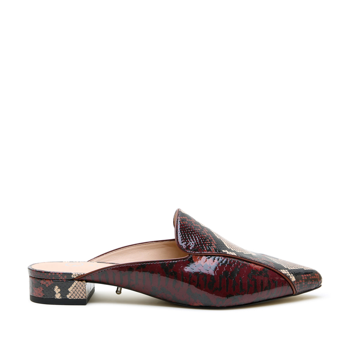 Burgundy Python Pointed Loafer by Alterre, featuring PU-coated printed calf leather, 3/4-inch heel, and glossy burgundy python loafer slide with black, brown, and tan highlights.