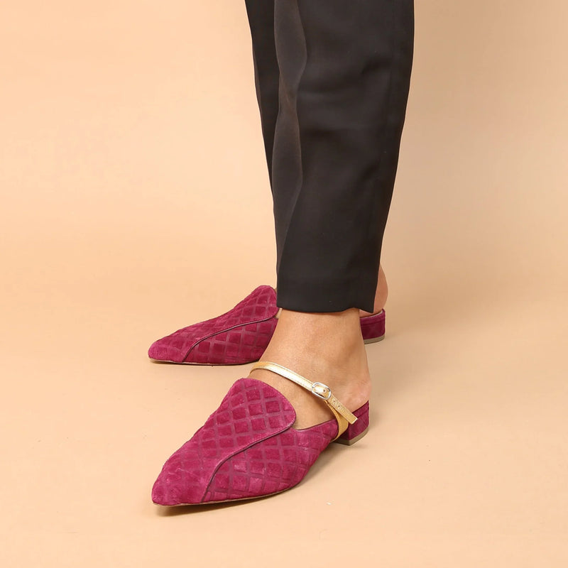 Malbec Puff Pointed Loafer + Gold Twiggy Strap Customized Slides | Alterre Sustainable Slides - Ethical, Interchangeable Footwear 