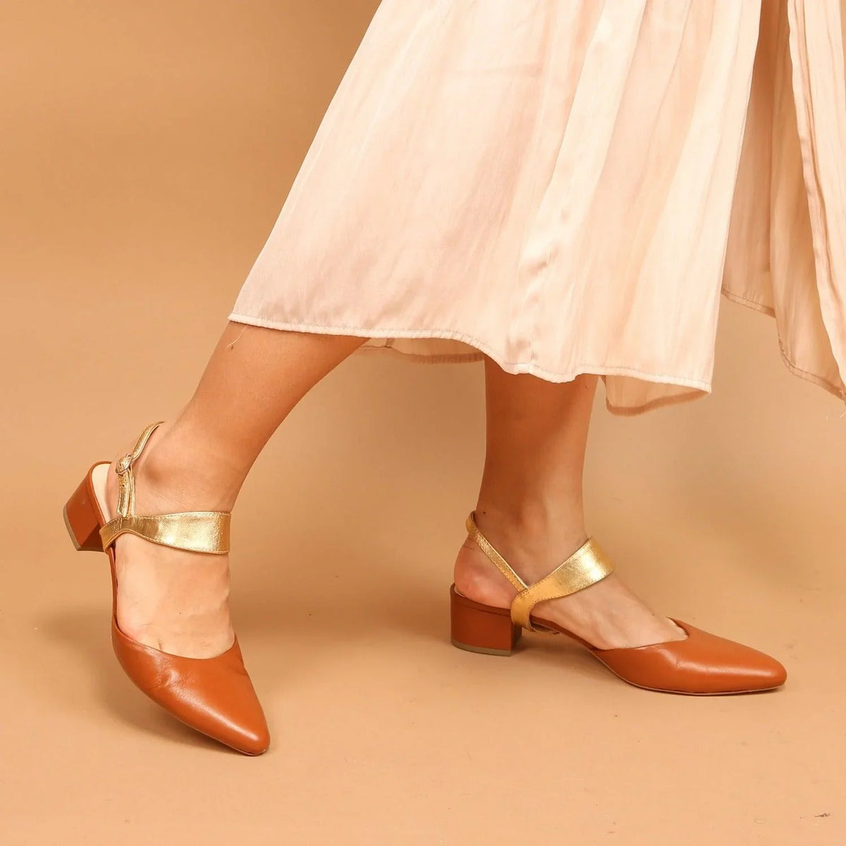 Discover Cognac Slide + Gold Elsie Strap Custom Sandals | Alterre Interchangeable, Sustainable & Ethical Shoes