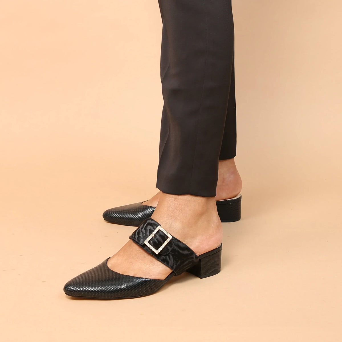 Shop Black Rattlesnake Slide + Hairy Grace Zebra Strap | Alterre Interchangeable Slides - Sustainable & Ethical Footwear