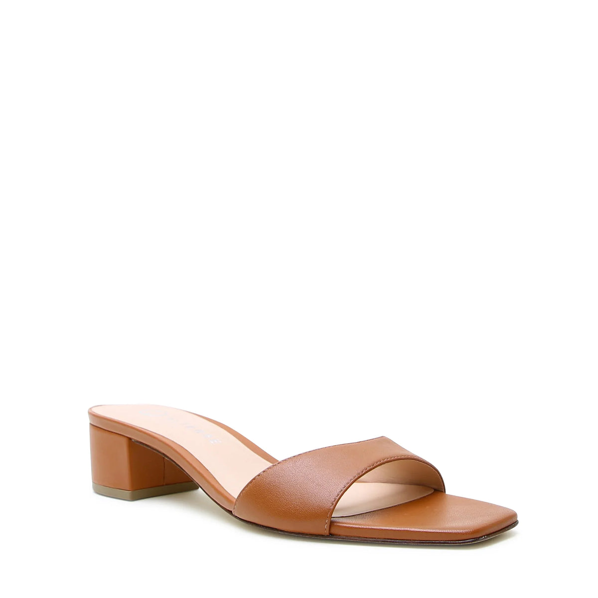 Alterre Cognac Square Sandal with rich brown leather and a clean square shape, designed to pair with detachable straps sold separately.