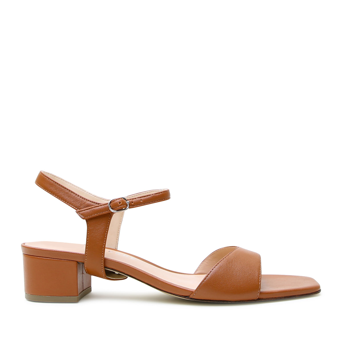 Alterre Cognac Square Sandal with Jackie Strap, featuring sleek brown leather, a comfortable 1.5-inch heel, and elegant ankle straps.