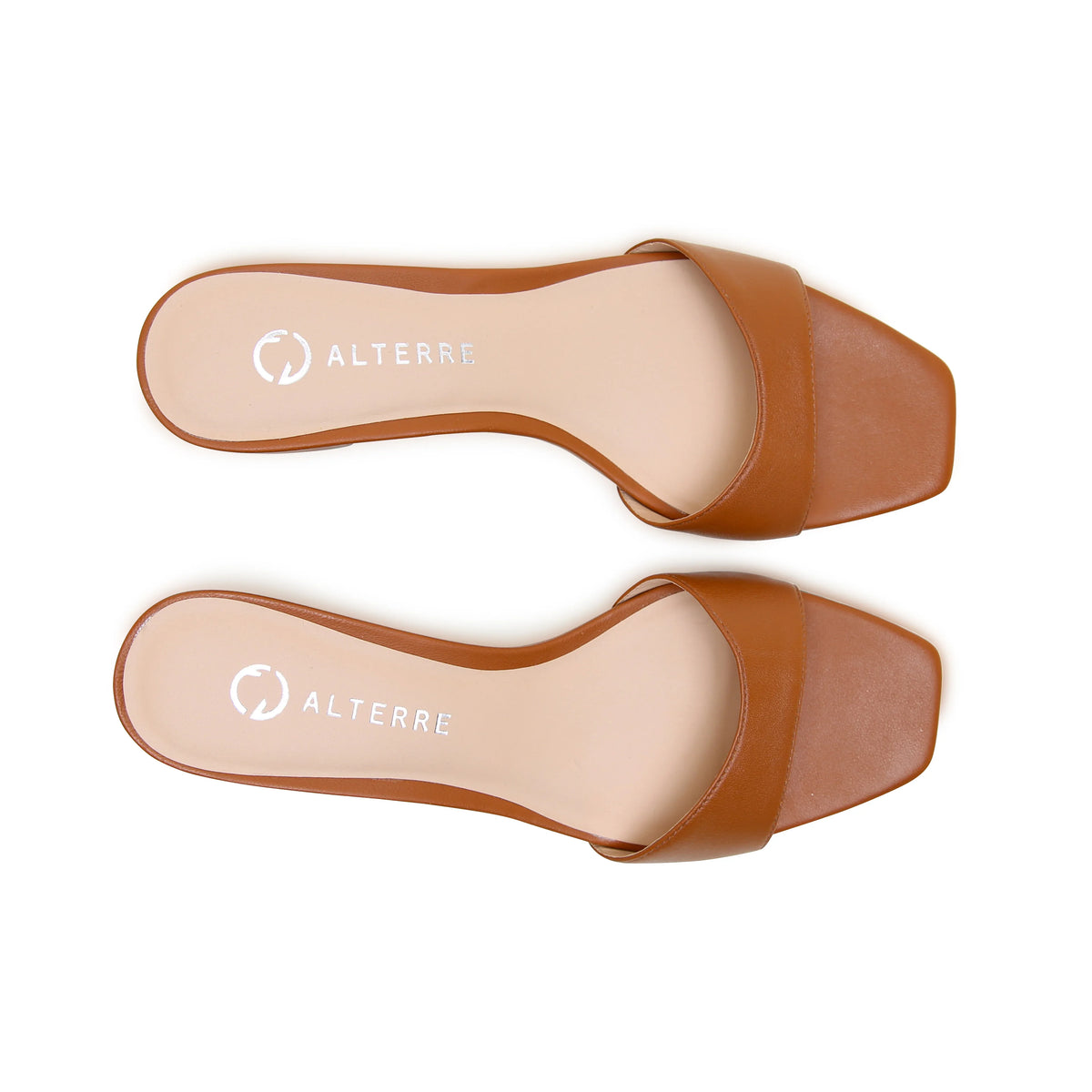 Alterre Cognac Square Sandal, a sleek and versatile brown leather sandal designed to be worn with interchangeable detachable straps.