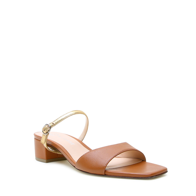 Cognac Square Sandal Starter Kit by Alterre featuring a sleek brown leather base and mix-and-match straps for travel and daily wear.