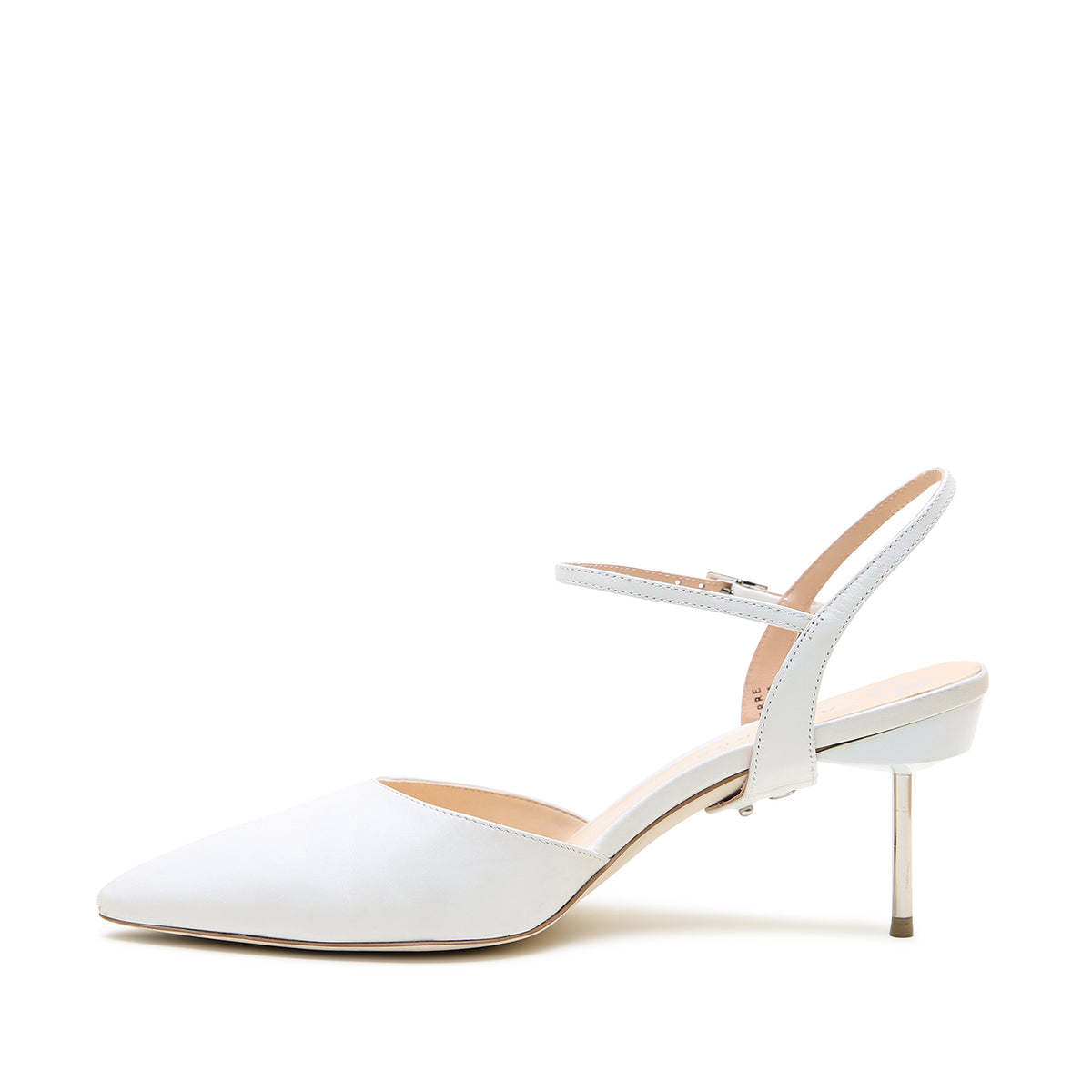 White Stiletto + Amal Strap by Alterre, featuring genuine leather upper and eco-leather sole, a 3-inch heel, a cushioned foam insole, and detachable strap styling.