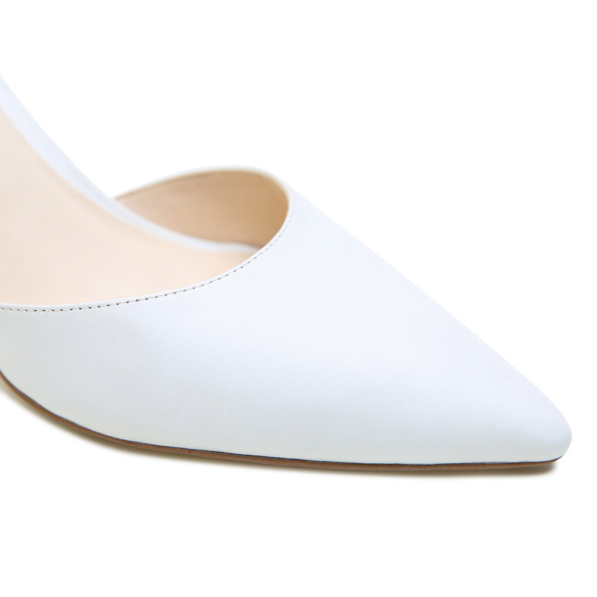 Alterre White Stiletto combines genuine leather upper and sole with a 3-inch heel, a cushioned foam insole and interchangeable strap compatibility for versatile styling.