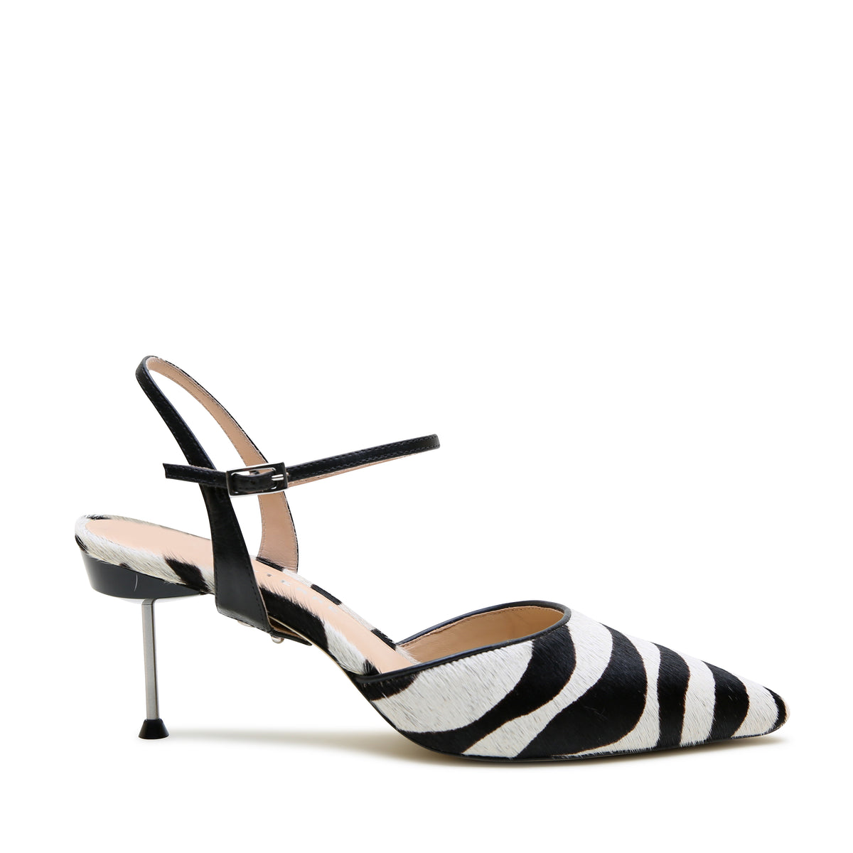 White Zebra Stiletto + Black Amal Strap by Alterre, featuring printed calf hair, 3-inch heel, and unique but versatile black and white zebra stiletto.