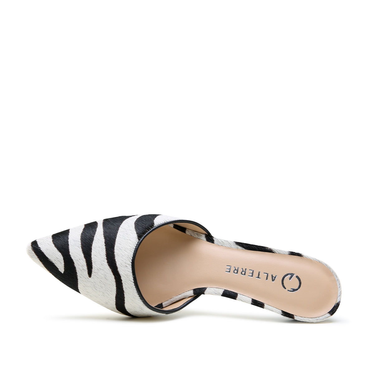 White Zebra Stiletto by Alterre, featuring black-and-white zebra printed calf hair upper, foam-padded insole, and eco-leather composite sole.