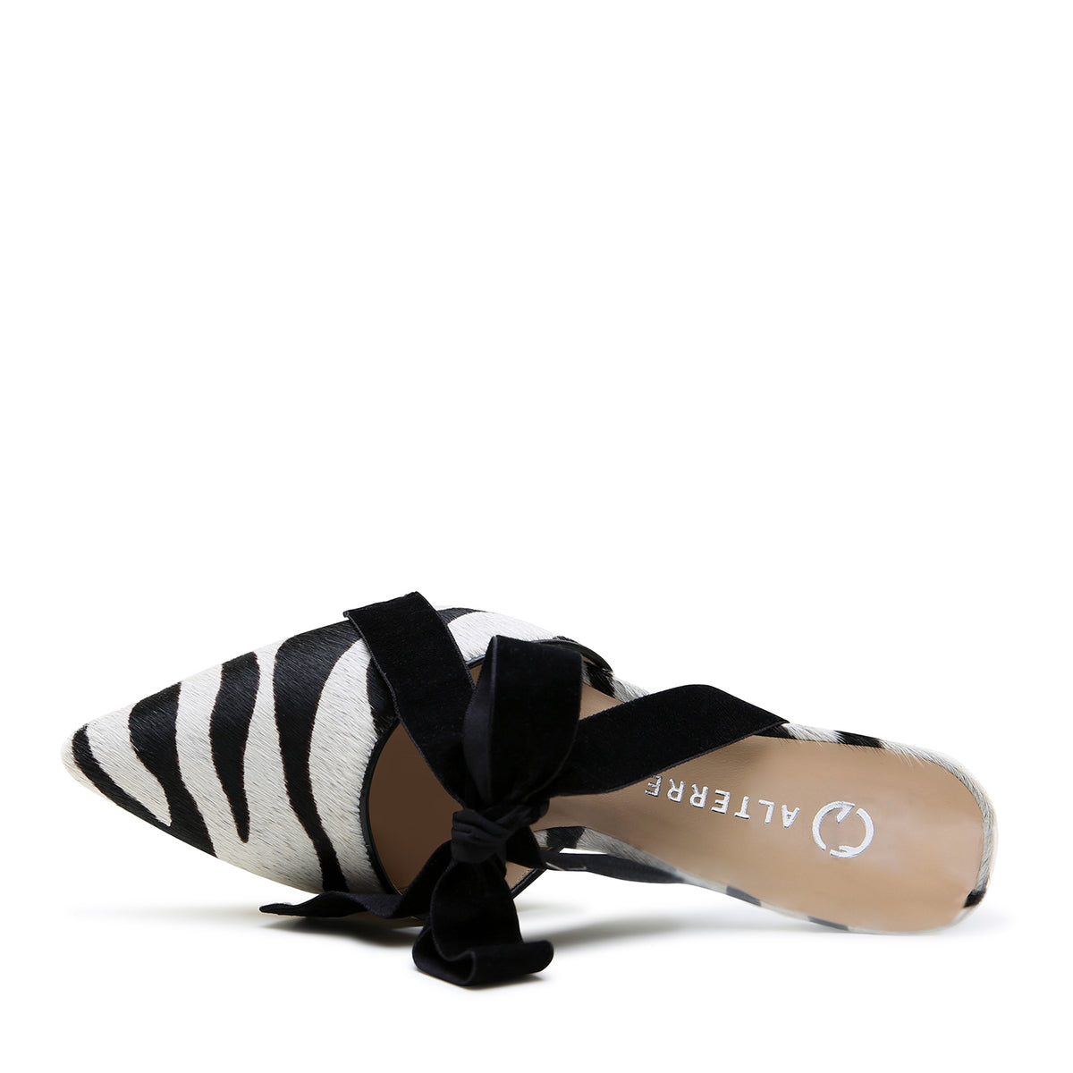 White Zebra Stiletto + Black Velvet Marie Strap crafted in printed calf hair with exotic alternative made with calf leather and 3-inch heel.
