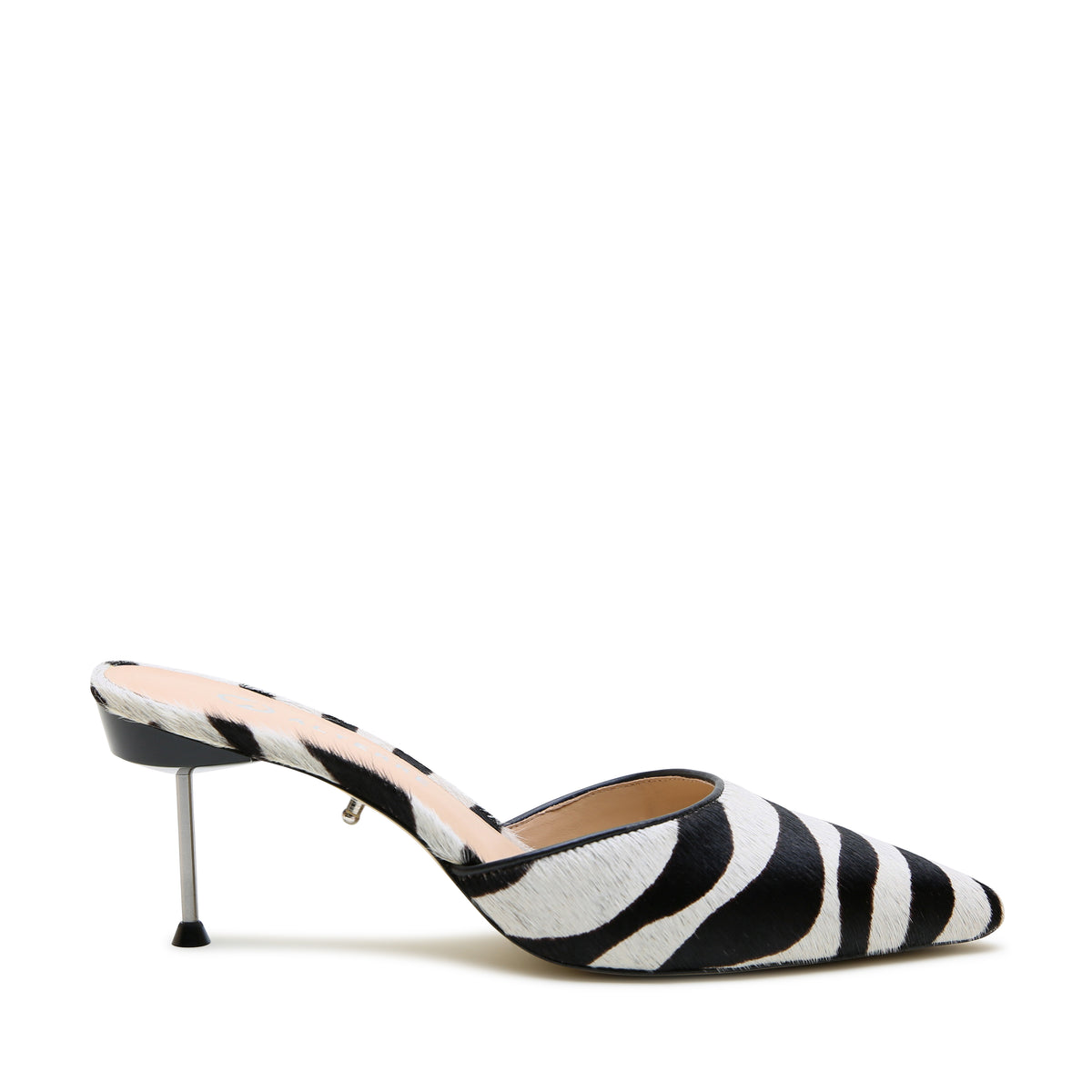 White Zebra Stiletto by Alterre, featuring printed calf hair, 3-inch heel, and unique but versatile black and white zebra stiletto.