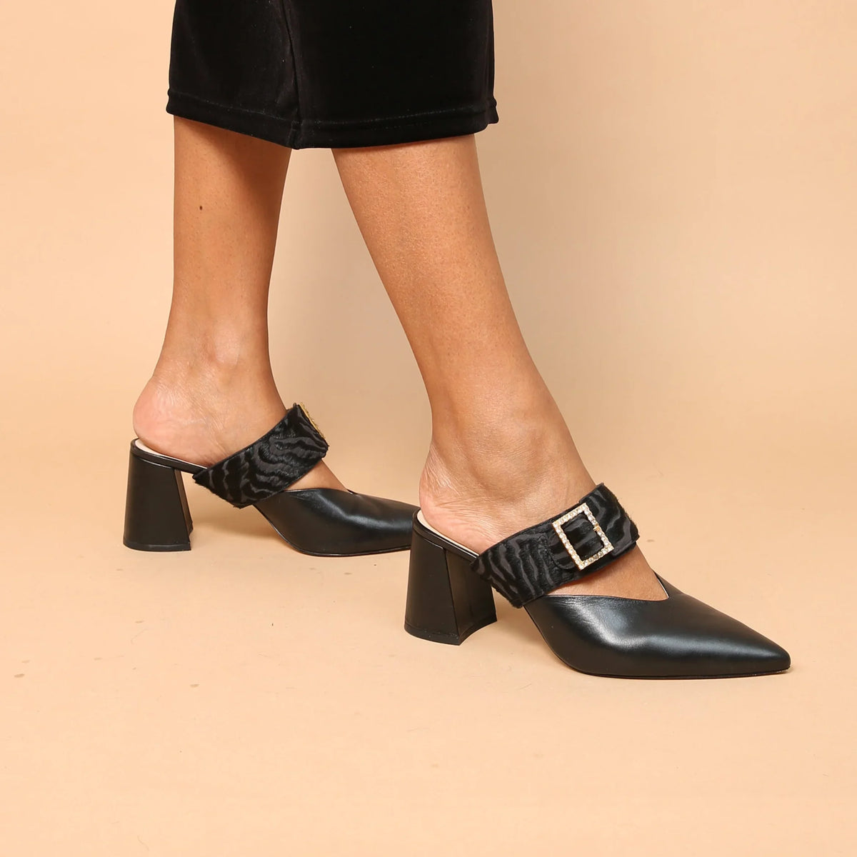 Sustainable Black V Mules + Hairy Zebra Grace Strap | Alterre Interchangeable, Eco-Friendly Footwear