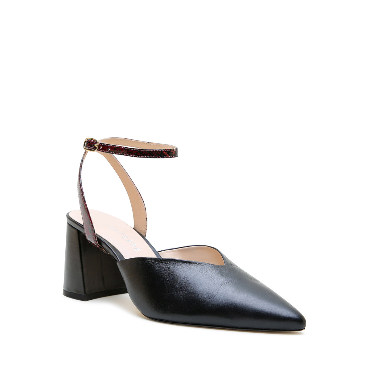 Alterre Black V Mule + Burgundy Python Marilyn Strap with padded insole and designed to accomodate bunions for all day comfort, 3-inch heel, and an interchangeable design.