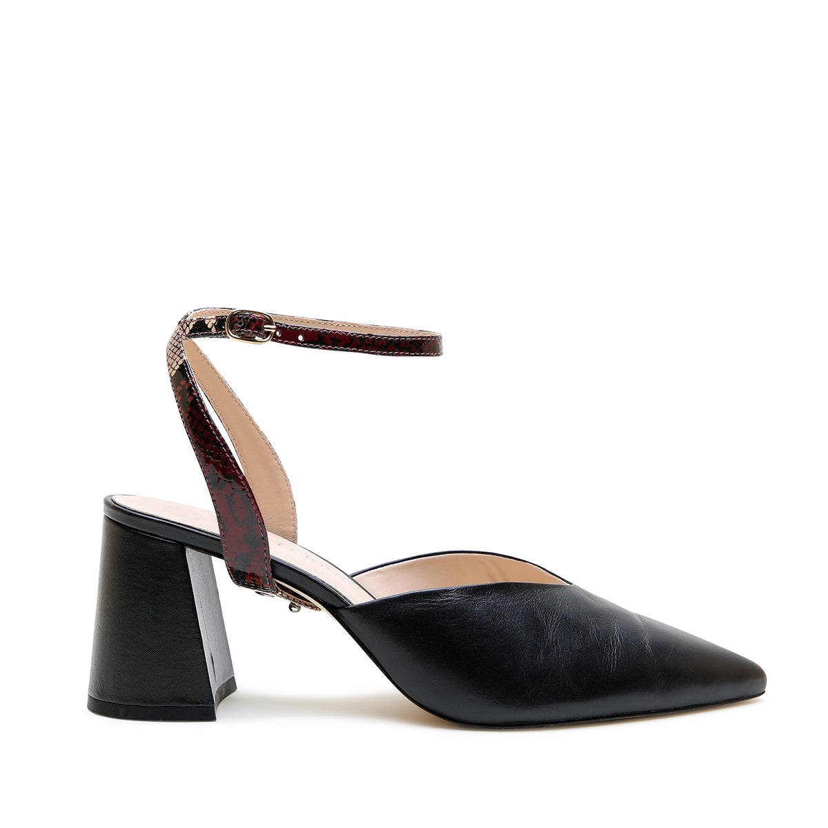 Black V Mule + Burgundy Python Marilyn Strap by Alterre, featuring calf leather, 3-inch heel, and versatile black block heels.