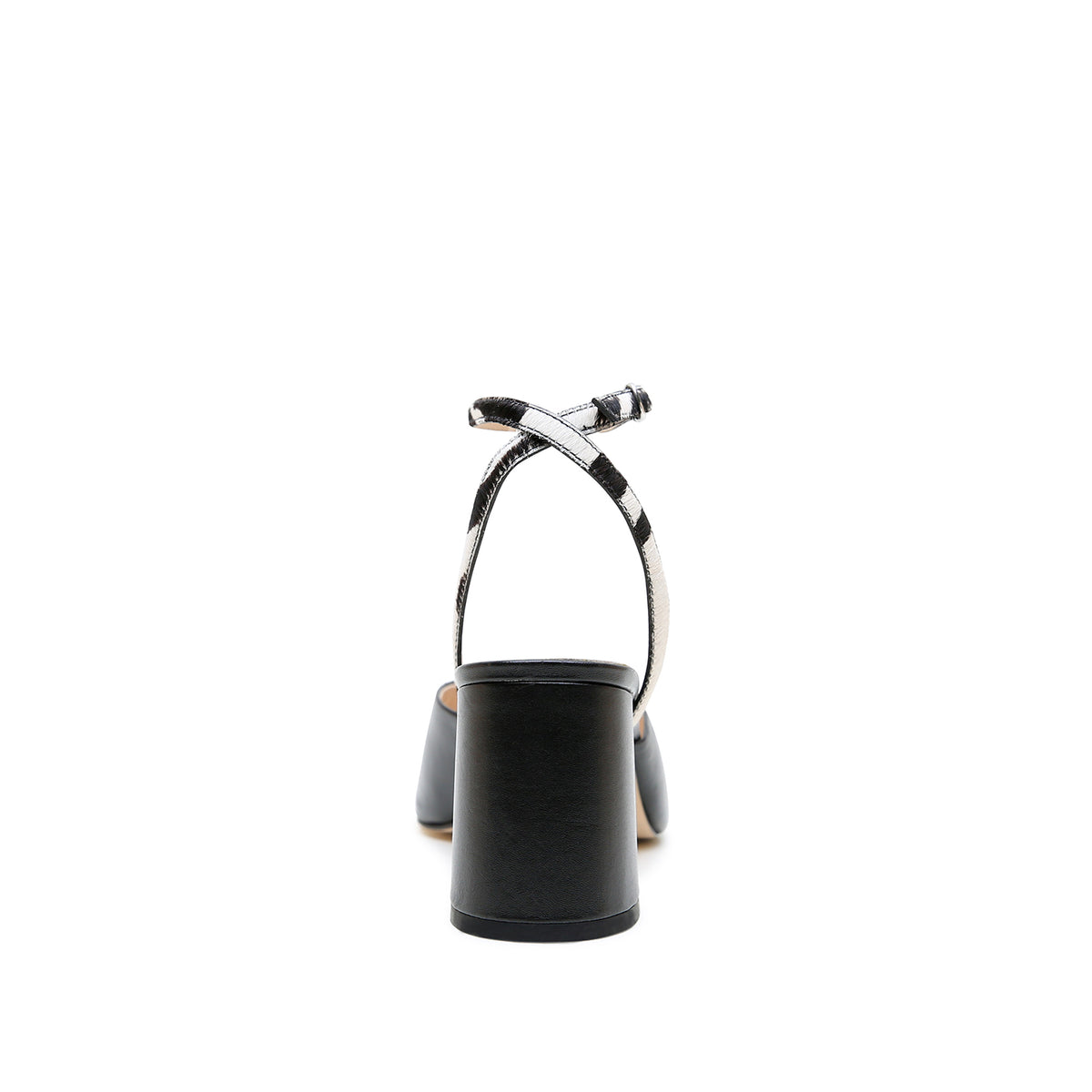 Black V Mule + White Zebra Marilyn Strap crafted in calf leather with can be snug at first but leather will soften and 3-inch heel.