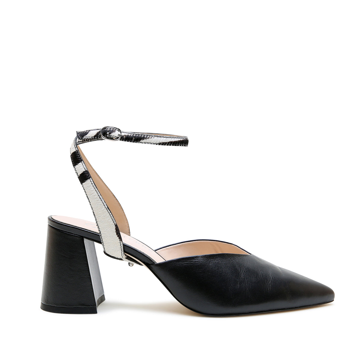Black V Mule + White Zebra Marilyn Strap by Alterre, featuring calf leather, 3-inch heel, and versatile black block heels.
