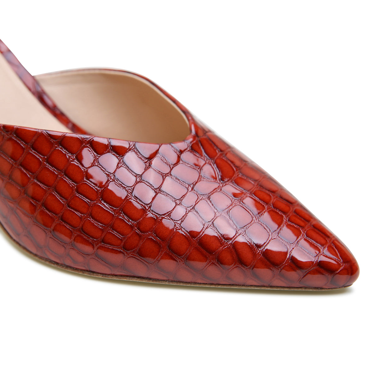 Clay Croc V Mule by Alterre, featuring embossed patent leather upper and leather lining with eco-leather composite sole, a 3-inch heel, a cushioned foam insole, and interchangeable strap compatibility.