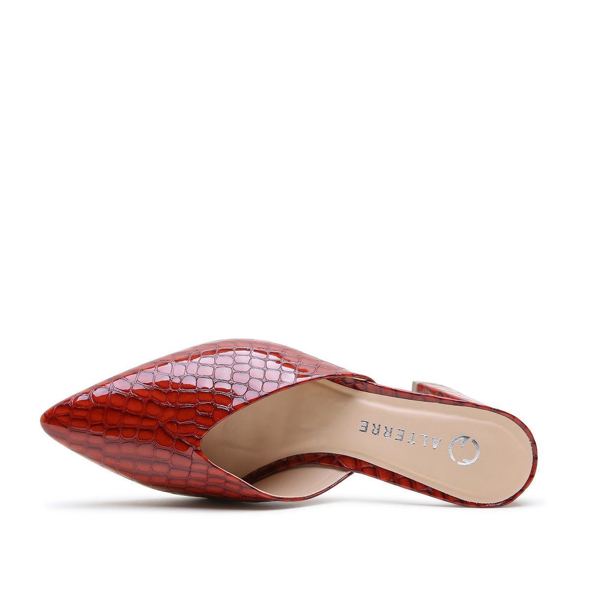 Alterre Clay Croc V Mule combines embossed patent leather upper and leather lining with eco-leather composite sole with a 3-inch heel, a cushioned foam insole and interchangeable strap compatibility for versatile styling.