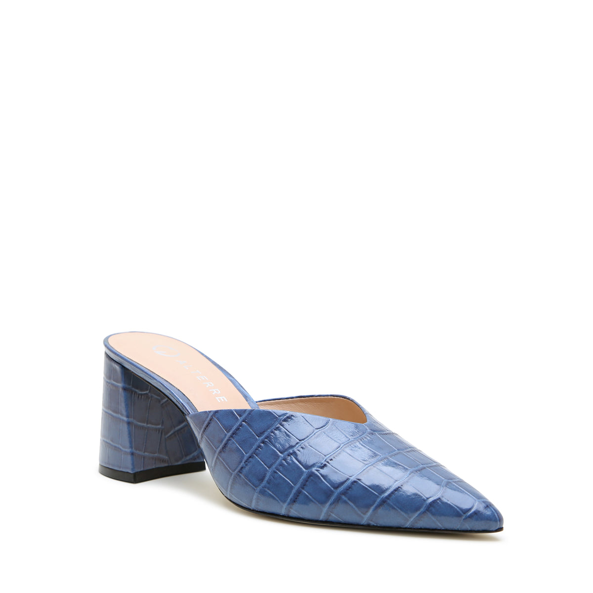 Alterre Indigo Croc V Mule with exotic alternative made with calf leather, 3-inch heel, and an interchangeable design.