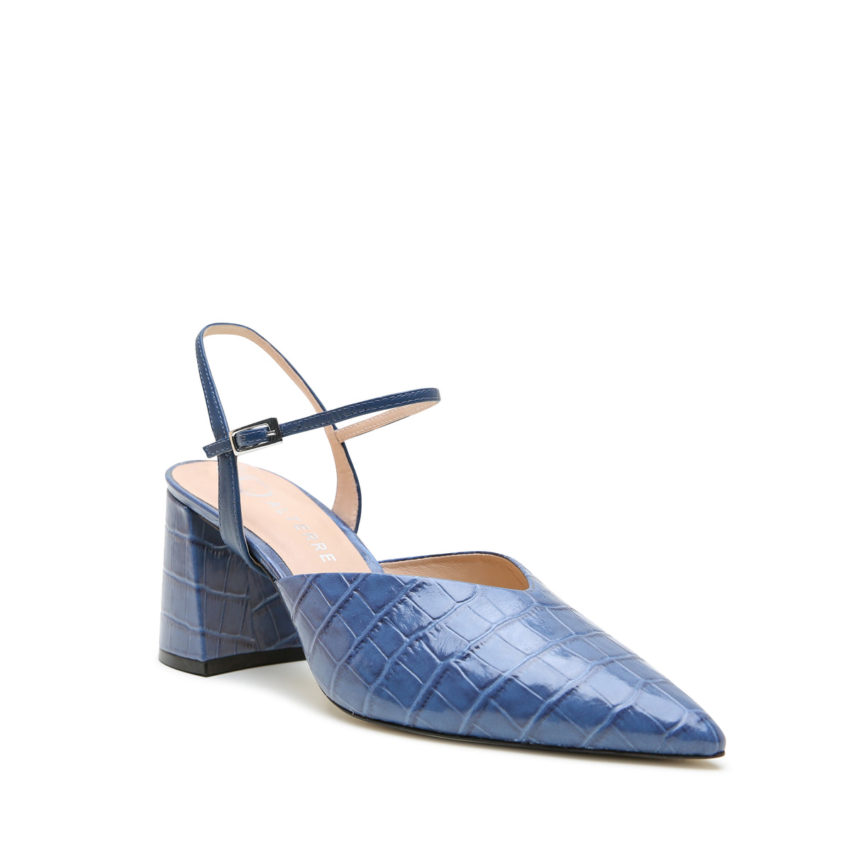 Alterre Indigo Croc V Mule + Evening Sky Amal Strap with exotic alternative made with calf leather, 3-inch heel, and an interchangeable design.