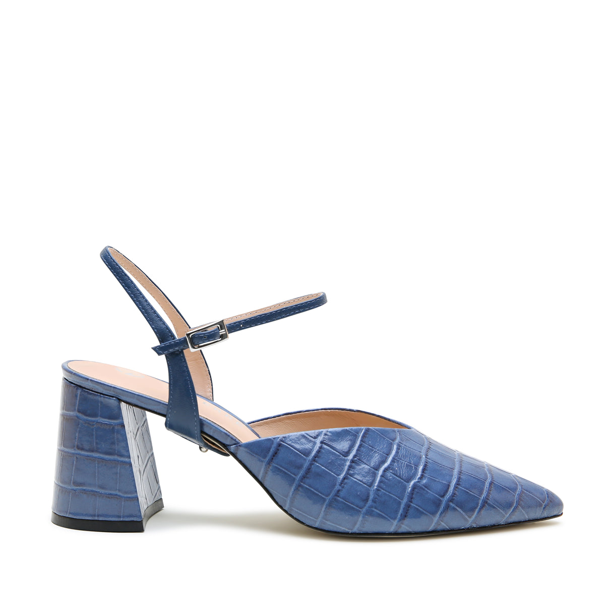 Indigo Croc V Mule + Evening Sky Amal Strap by Alterre, featuring waxed embossed calf leather, 3-inch heel, and versatile blue mule with subtle wax finish.