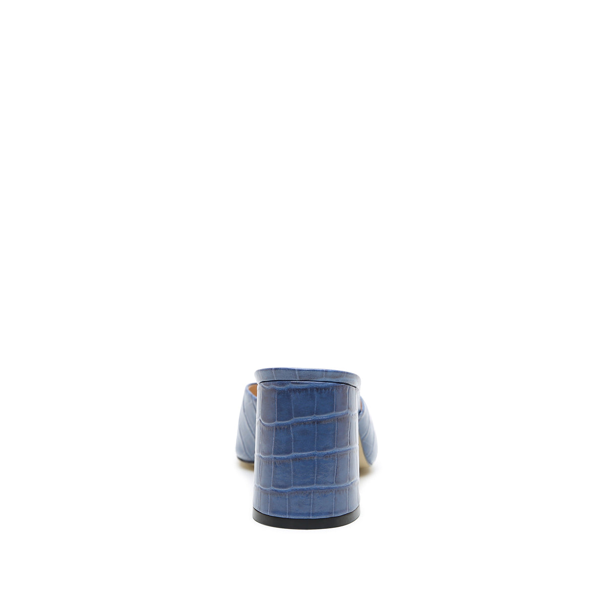 Indigo Croc V Mule crafted in waxed embossed calf leather with can be snug at first but leather will soften and 3-inch heel.