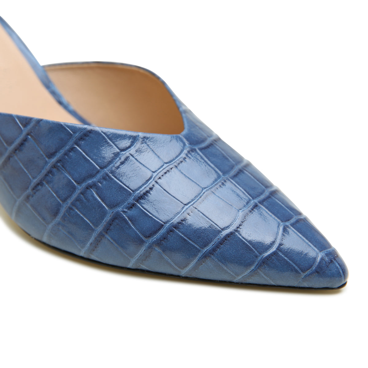 Indigo Croc V Mule by Alterre, featuring waxed indigo croc-embossed calf leather upper, extended point for a wider toe box, and eco-leather composite sole.