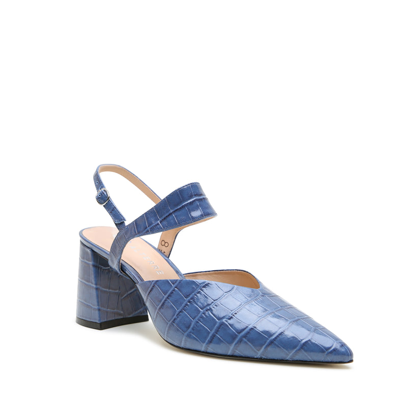 Alterre Indigo Croc V Mule + Elsie Strap with exotic alternative made with calf leather, 3-inch heel, and an interchangeable design.