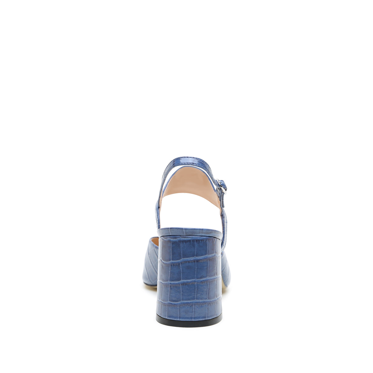 Indigo Croc V Mule + Elsie Strap crafted in waxed embossed calf leather with can be snug at first but leather will soften and 3-inch heel.