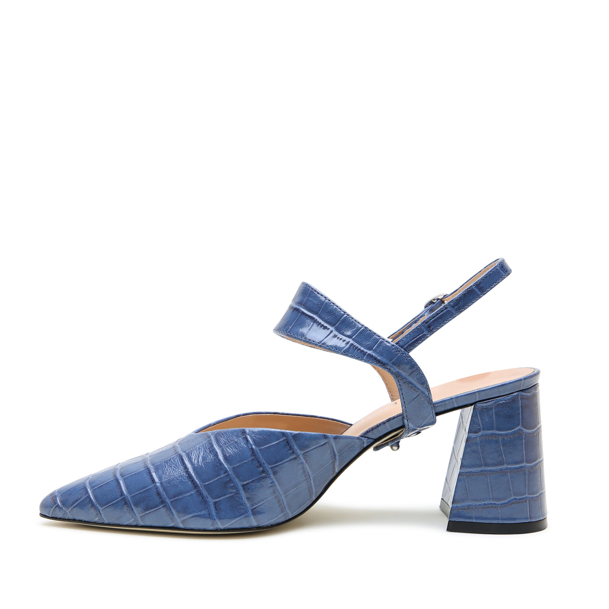 Alterre Indigo Croc V Mule + Elsie Strap with 3-inch recycled-plastic heel, bunions-friendly pattern cut, and interchangeable mix-and-match design for versatile styling.