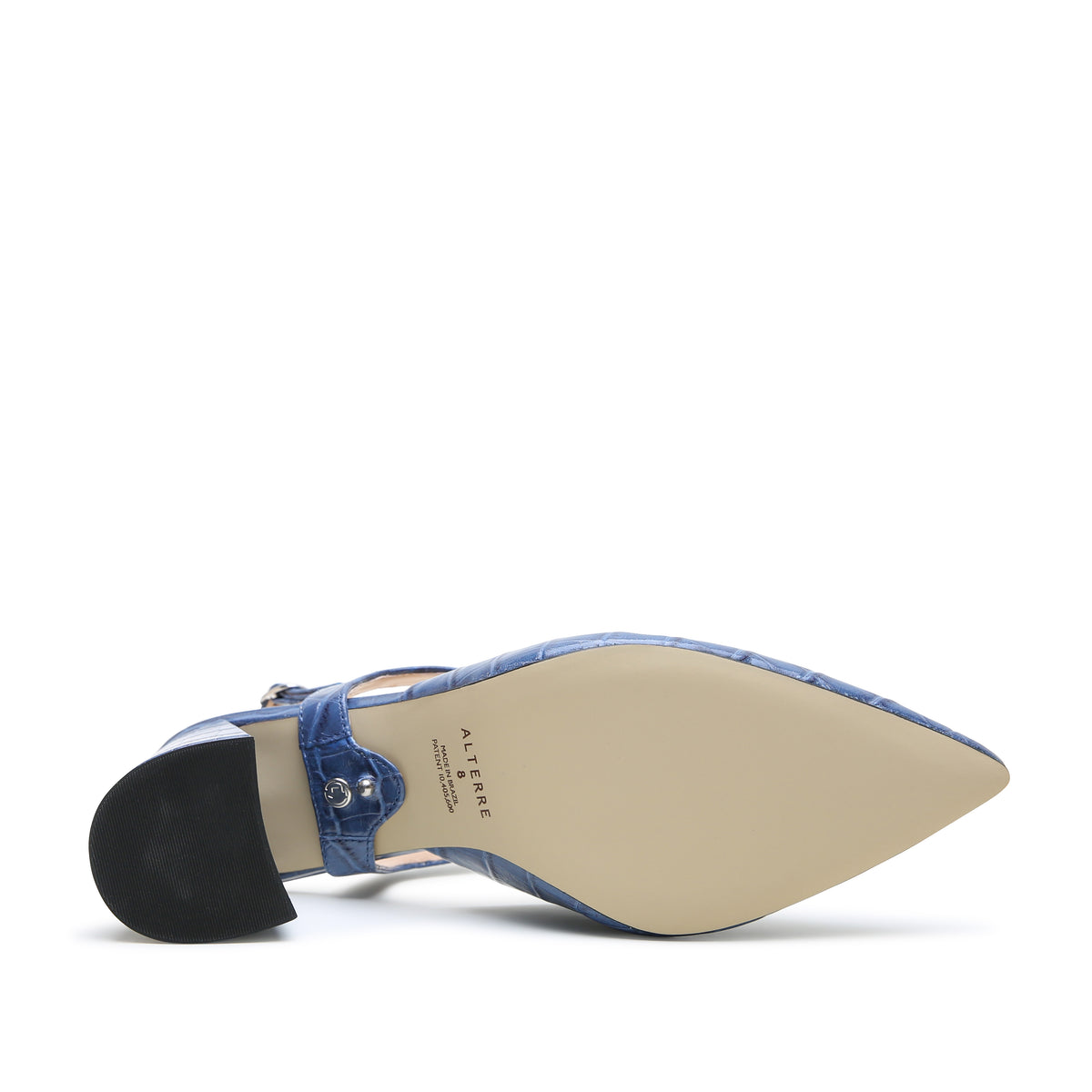 Indigo Croc V Mule + Elsie Strap crafted with extended point for a wider toe box, eco-leather composite sole, and waxed indigo croc-embossed calf leather upper.