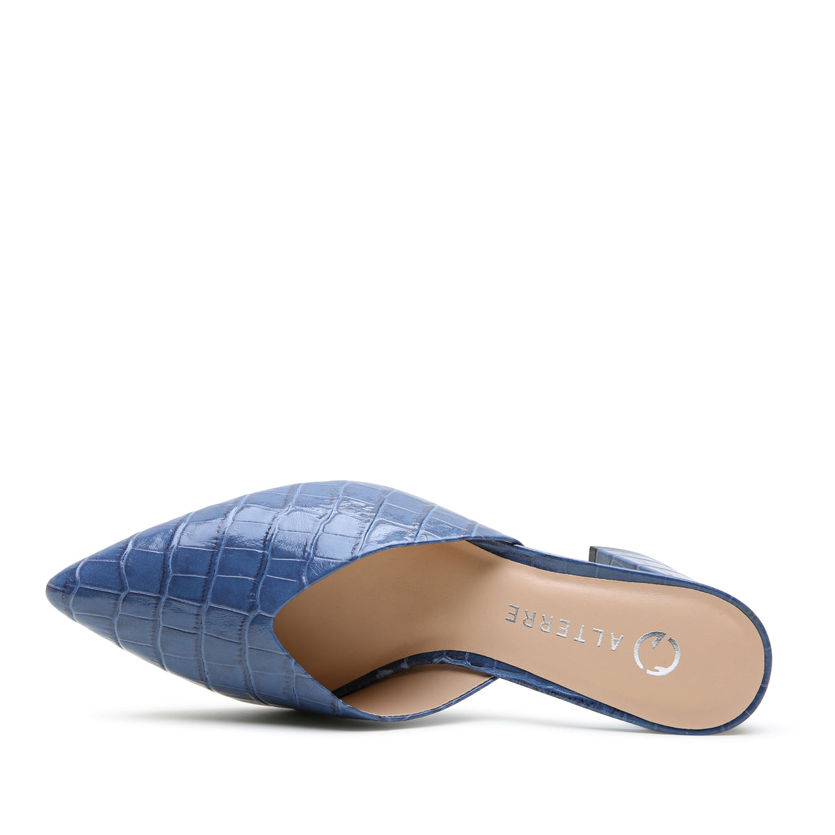 Alterre Indigo Croc V Mule, an interchangeable style featuring eco-leather composite sole, work, travel, and day-to-night styling, and foam-padded insole.
