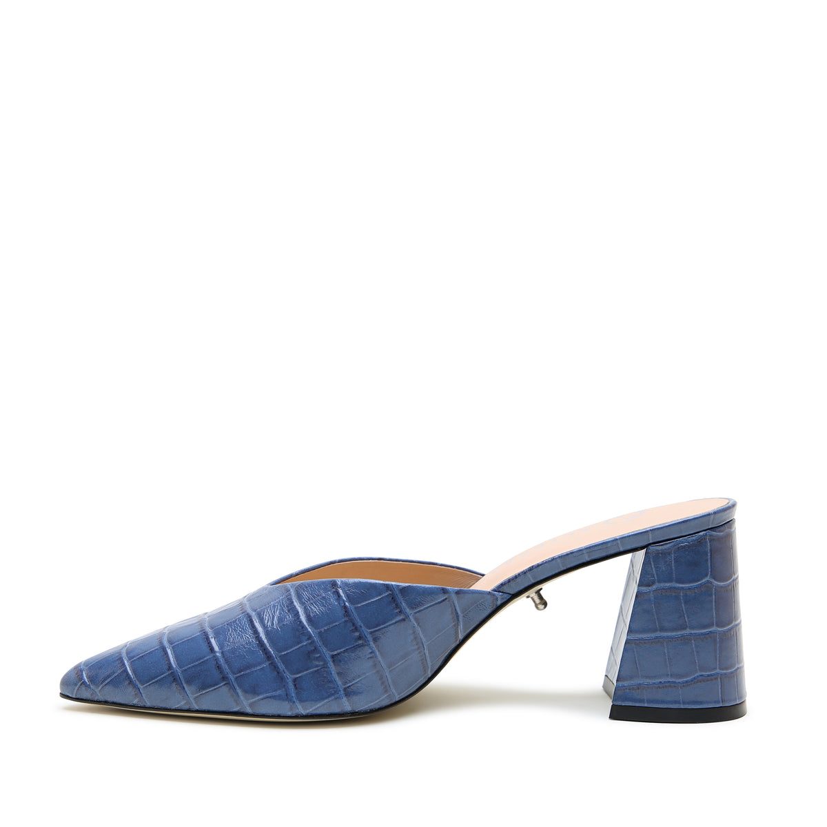 Indigo Croc V Mule by Alterre combines subtle waxed blue finish, 3-inch recycled-plastic heel, and bunions-friendly pattern cut.