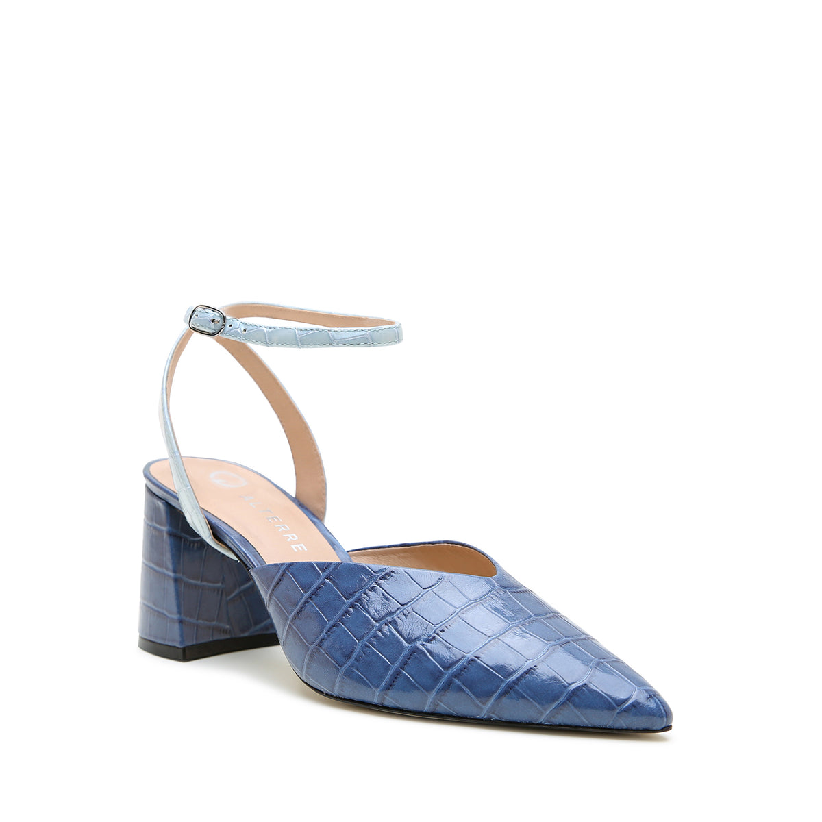Alterre Indigo Croc V Mule + Blue Viper Marilyn with exotic alternative made with calf leather, 3-inch heel, and an interchangeable design.