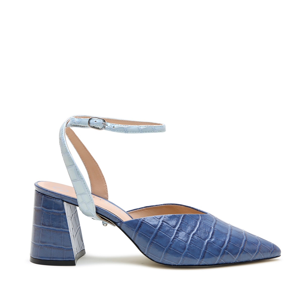 Indigo Croc V Mule + Blue Viper Marilyn by Alterre, featuring calf leather, 3-inch heel, and versatile duo-tone blue mule with subtle wax finish.
