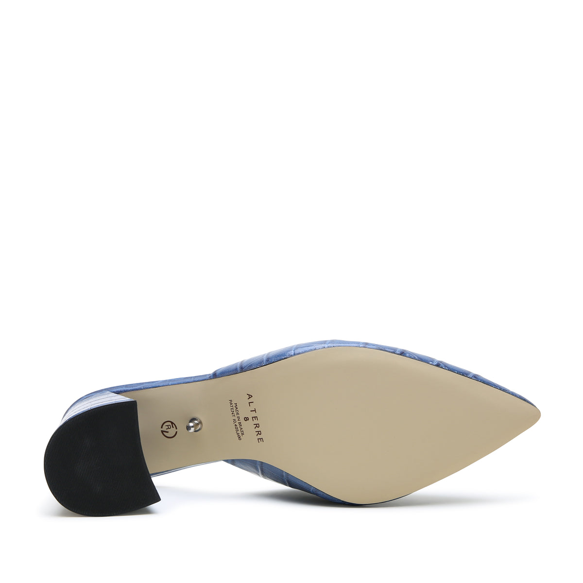 Alterre Indigo Croc V Mule featuring waxed indigo croc-embossed calf leather upper, plus extended point for a wider toe box and eco-leather composite sole.