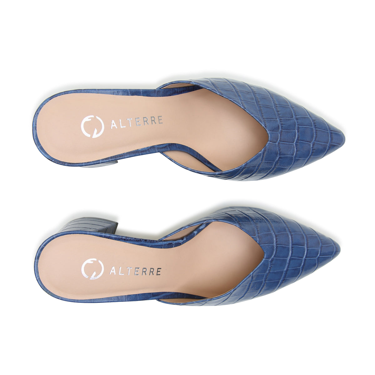 Indigo Croc V Mule crafted with bunions-friendly pattern cut, interchangeable strap compatibility, and waxed indigo croc-embossed calf leather upper.